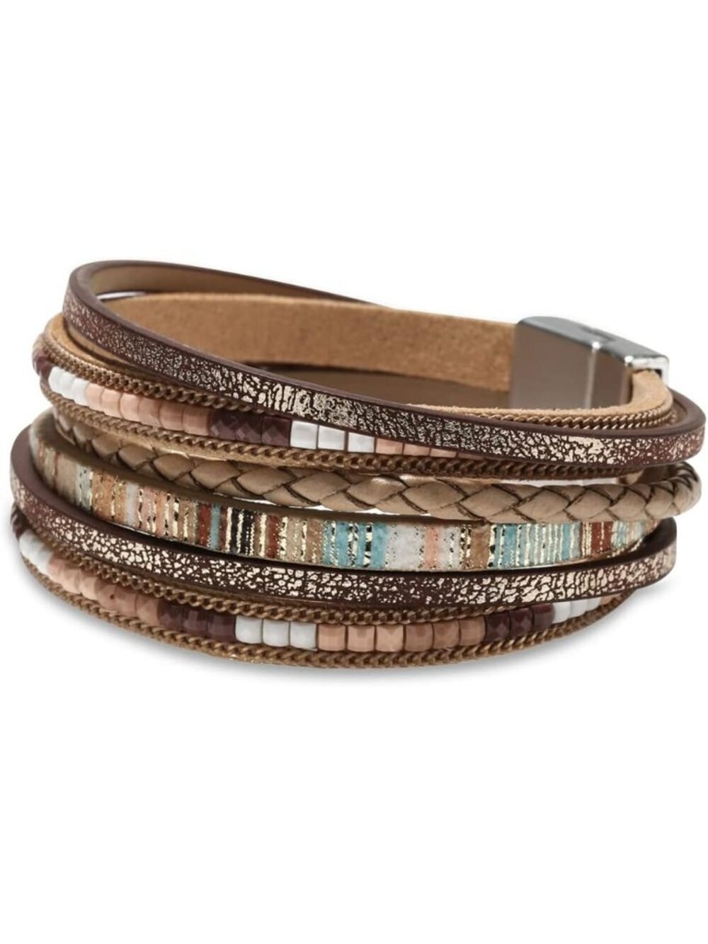 Women's Black Boho Leopard Multi-Layer Crystal Beads Cuff Leather Wrap Bracelets